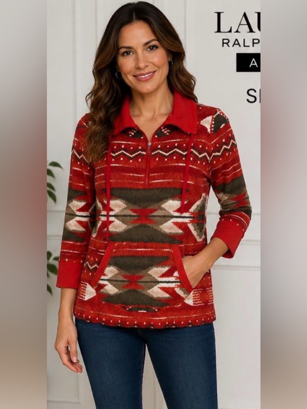 Ralph Lauren Red Aztec Pattern Women's Pullover Thermal Sweater Hoodie